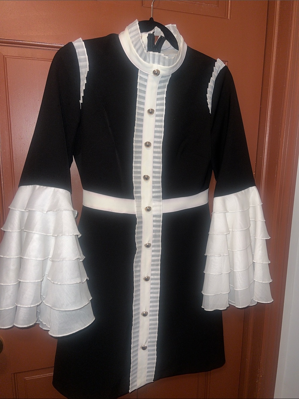 Black and White Ruffled Sleeve Gold Button embellished Front Dress